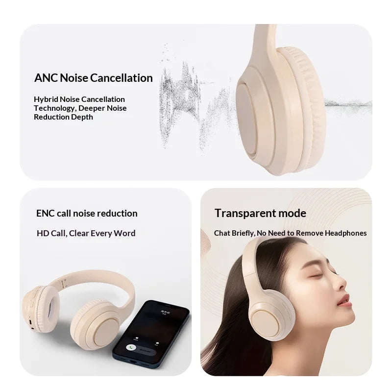 Beige lenovo over-ear wireless headphones with soft earcups featuring noise cancelling sports and headphones 9d surround