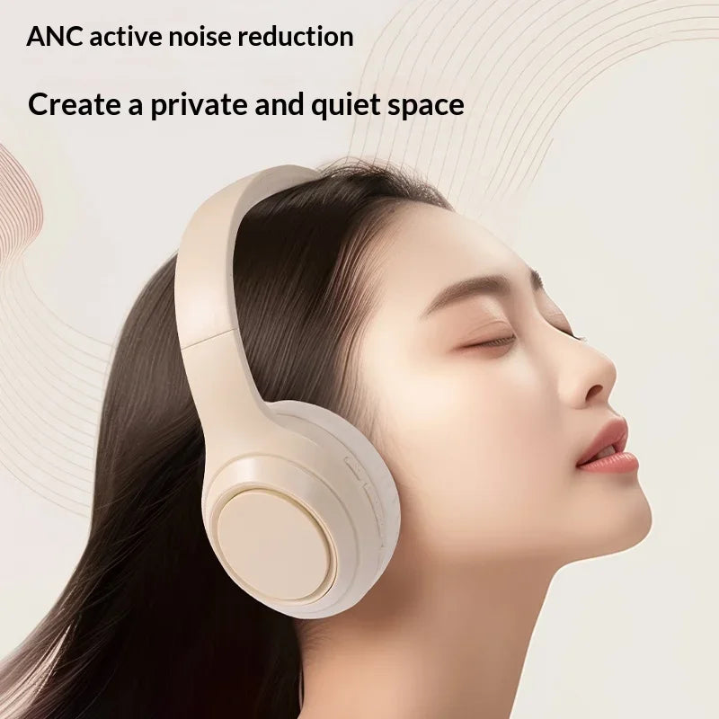 Beige over-ear lenovo bluetooth 5.3 headphones with noise cancelling sports design and headphones 9d surround bass features