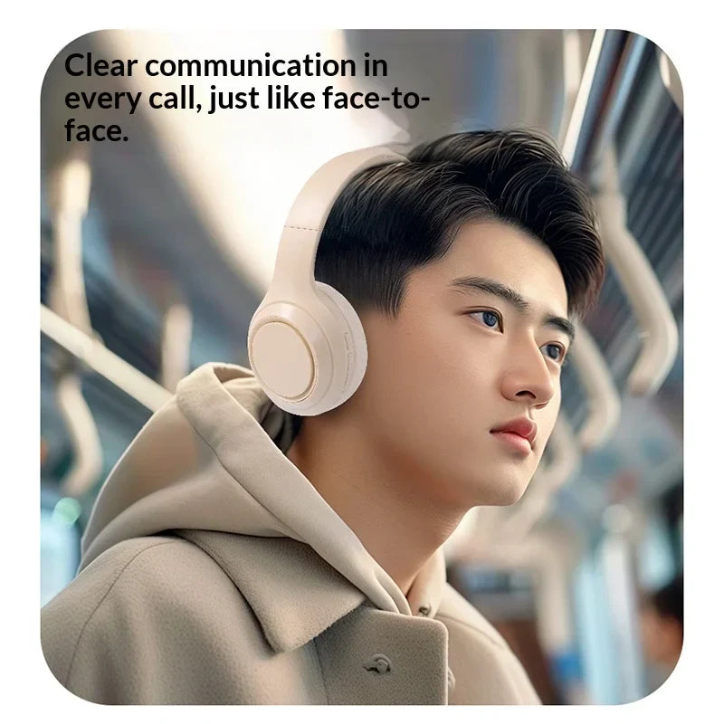Cream-colored Lenovo Bluetooth 5.3 over-ear headphones with 9D surround bass and noise cancelling sports gaming features