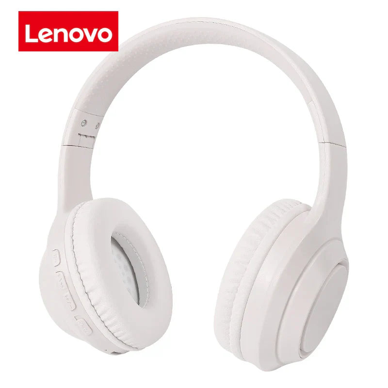 White Lenovo over-ear wireless headphones with soft padded earcups feature 9D surround bass and noise cancelling sports design