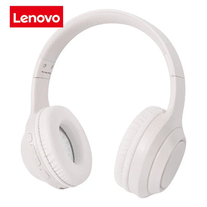 White Lenovo over-ear wireless headphones with soft padded earcups feature 9D surround bass and noise cancelling sports design