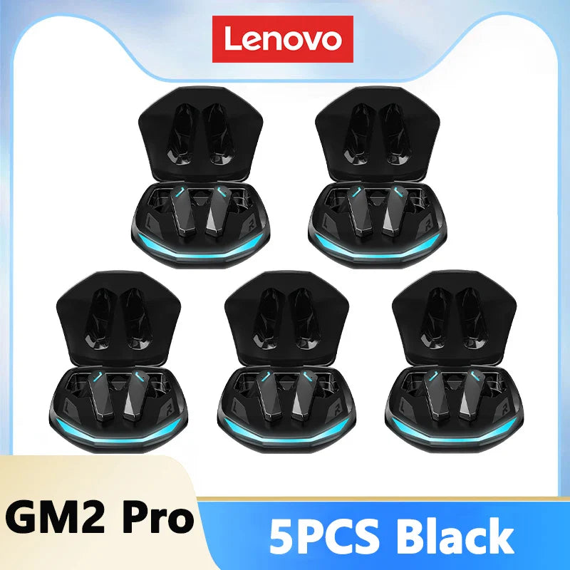 Black lenovo gm2 pro bluetooth 5.3 earphones sports headset in angular charging case with glowing blue gaming low latency accents