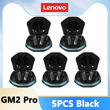 Black lenovo gm2 pro bluetooth 5.3 earphones sports headset in angular charging case with glowing blue gaming low latency accents