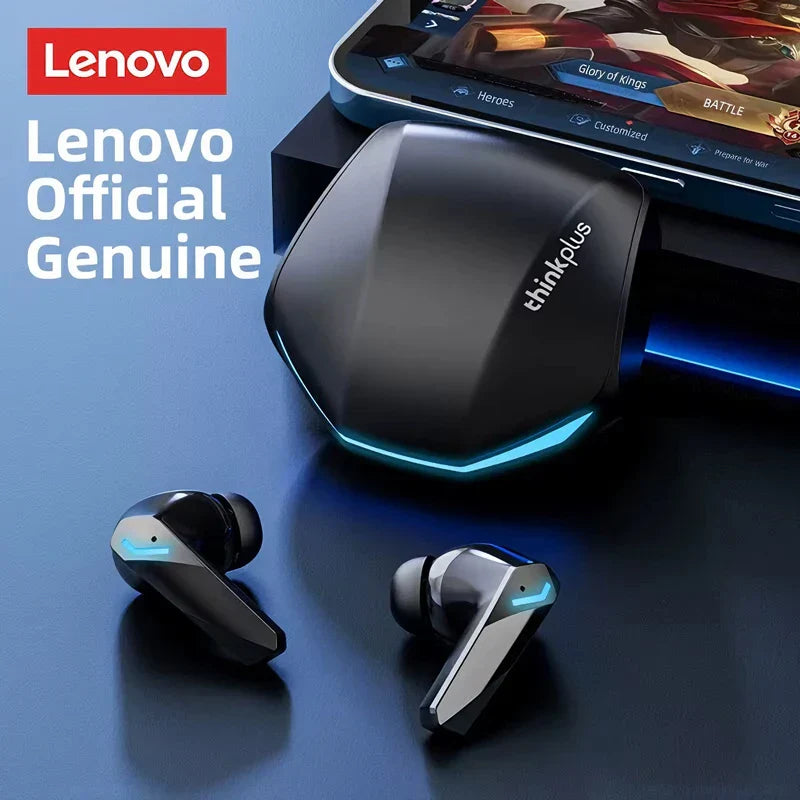Black lenovo gm2 pro bluetooth wireless earbuds with sleek angular design and blue led charging case for gaming low latency