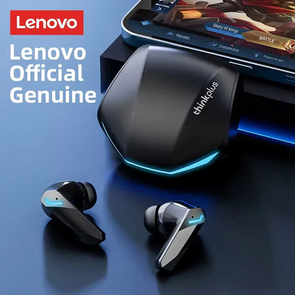 Black lenovo gm2 pro bluetooth wireless earbuds with sleek angular design and blue led charging case for gaming low latency