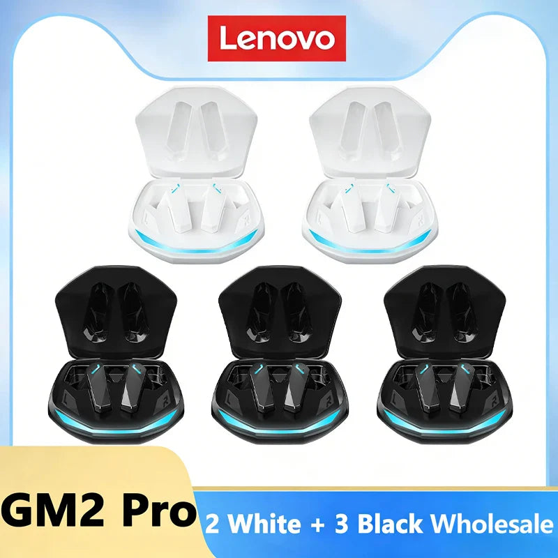 Lenovo GM2 Pro Bluetooth 5.3 earphones sports headset in white and black with gaming low latency and glowing blue accents
