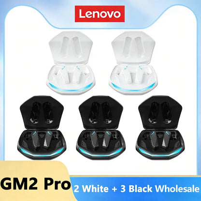 Lenovo GM2 Pro Bluetooth 5.3 earphones sports headset in white and black with gaming low latency and glowing blue accents