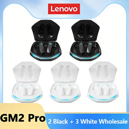 Lenovo GM2 Pro Bluetooth black and white wireless earphones sports headset with gaming low latency and glowing blue charging case accents