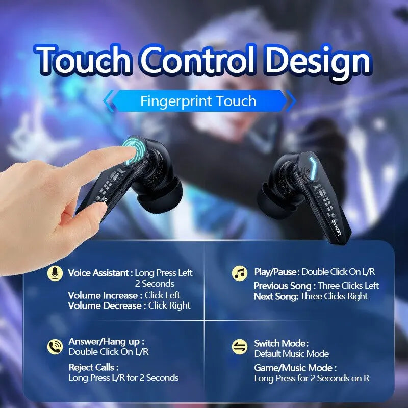 Black lenovo gm2 pro bluetooth earphones sports headset with touch control and gaming low latency fingerprint design