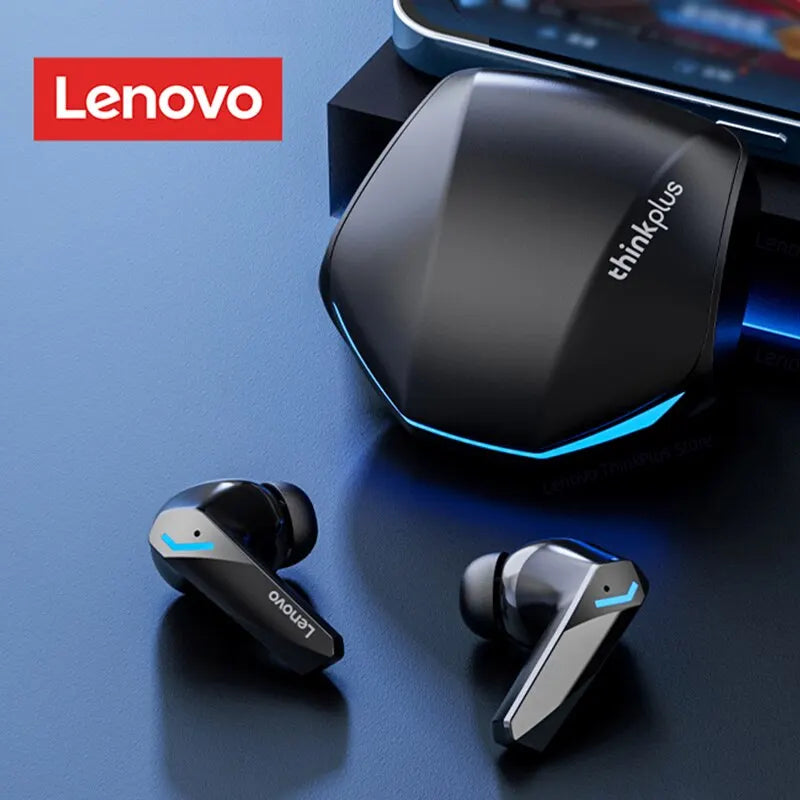 Black Lenovo GM2 Pro Bluetooth earphones sports headset with sleek angular design and blue accent lighting for gaming low latency
