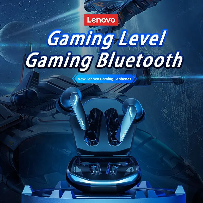 Blue lenovo gm2 pro bluetooth earphones sports headset in a sleek futuristic charging case with gaming low latency features