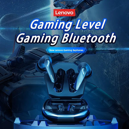 Blue lenovo gm2 pro bluetooth earphones sports headset in a sleek futuristic charging case with gaming low latency features