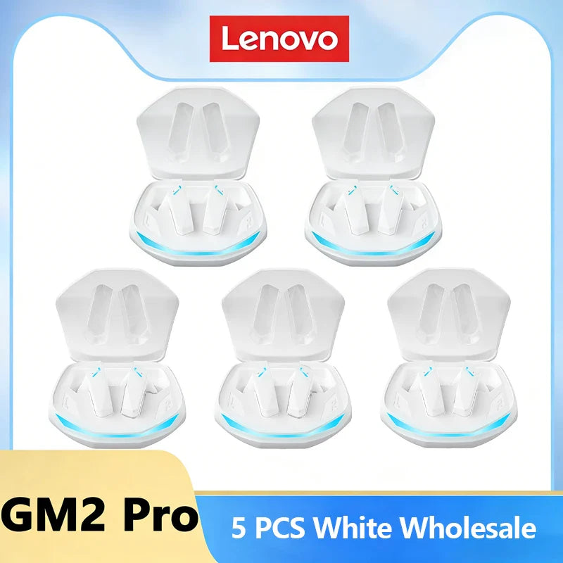 White lenovo gm2 pro bluetooth wireless earbuds in hexagonal charging case with blue accent for gaming low latency use