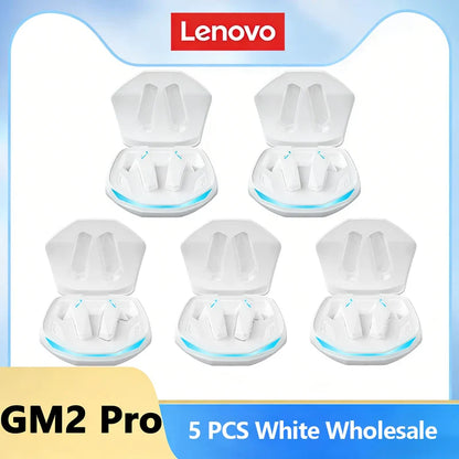 White lenovo gm2 pro bluetooth wireless earbuds in hexagonal charging case with blue accent for gaming low latency use