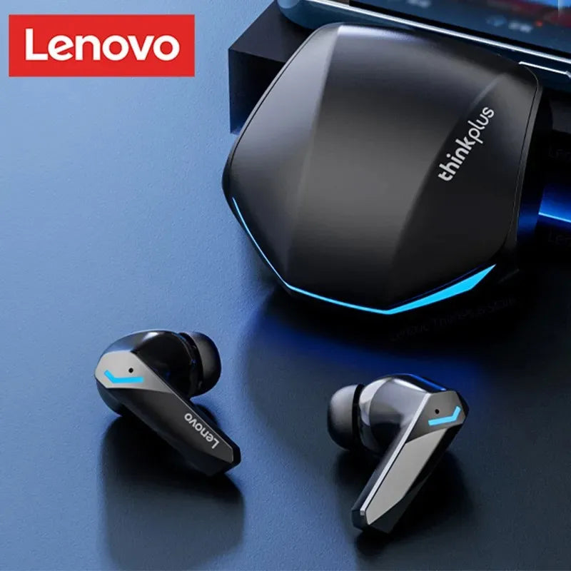Black lenovo gm2 pro wireless earbuds with blue accent lighting and sleek angular design for noise reduction and hiFi stereo
