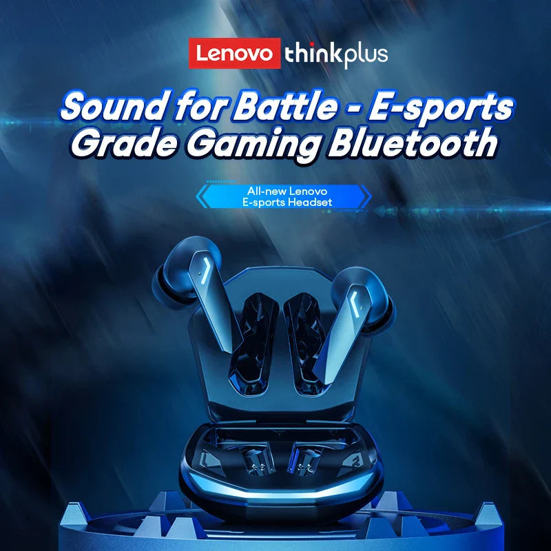 Lenovo gm2 pro wireless black gaming earbuds with blue led accents in matching charging case for noise reduction and hiFi stereo