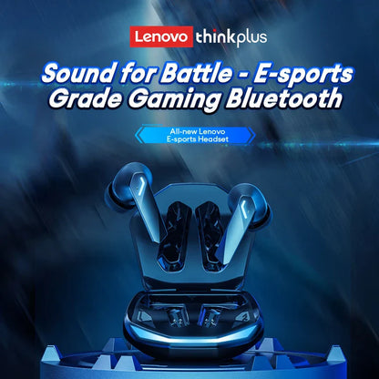 Lenovo gm2 pro wireless black gaming earbuds with blue led accents in matching charging case for noise reduction and hiFi stereo