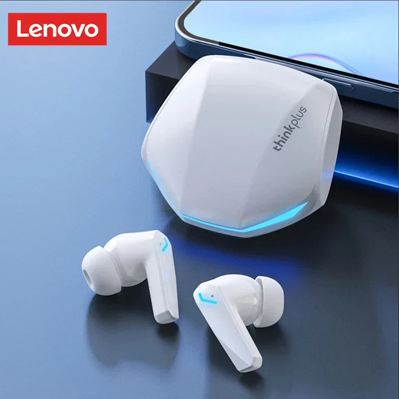 White lenovo gm2 pro wireless earbuds with sleek angular design and blue accent lighting on the charging case for gaming and sport use