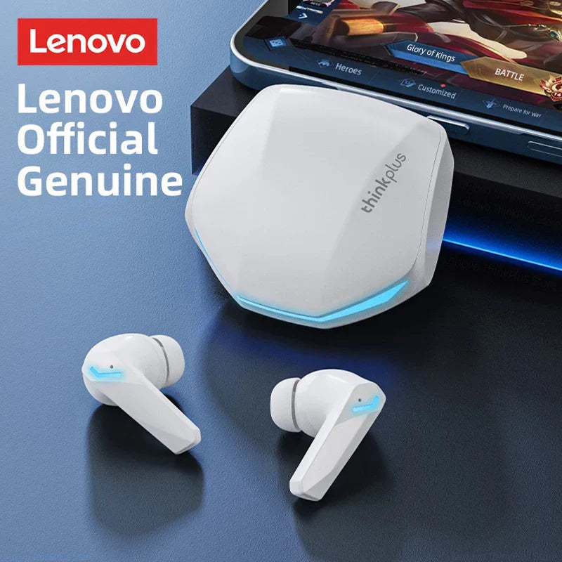 White lenovo gm2 pro wireless earbuds with blue glowing accents and matching hexagonal charging case for hi fi stereo music