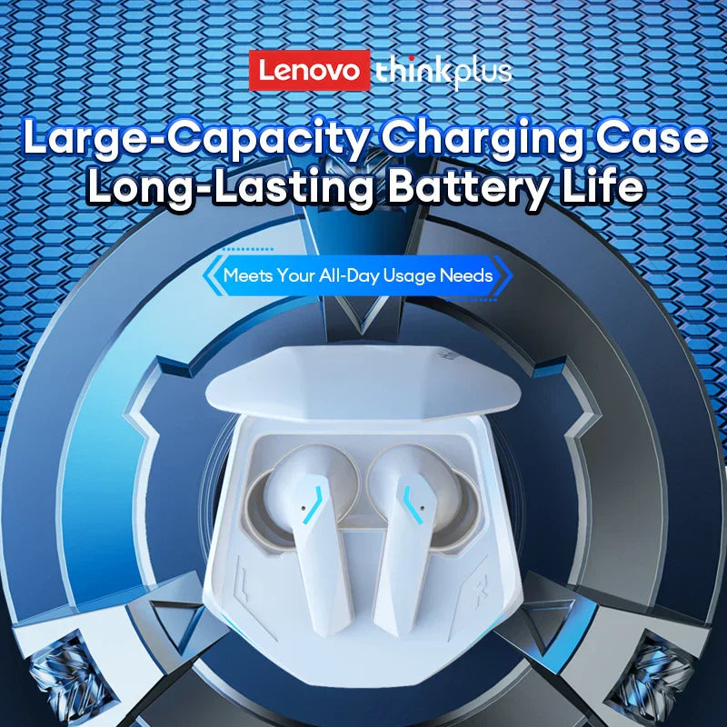 White lenovo gm2 pro wireless earbuds in charging case with sleek design blue accent lighting and noise reduction features