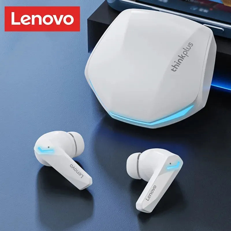 White lenovo gm2 pro wireless earbuds with ergonomic design and blue led accents on the charging case for hi fi stereo music