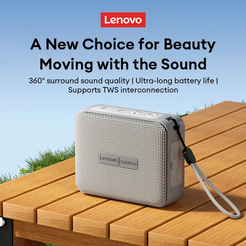 Gray textured lenovo hd108 wireless bluetooth speaker with wrist strap features 360° surround sound and wireless tf card playback music player