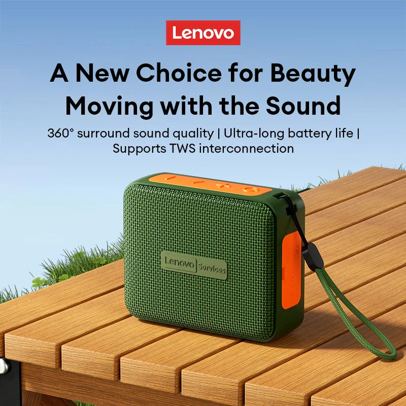 Green and orange lenovo hd108 wireless bluetooth speaker with textured fabric offers 360° surround sound and wireless tf card playback music player