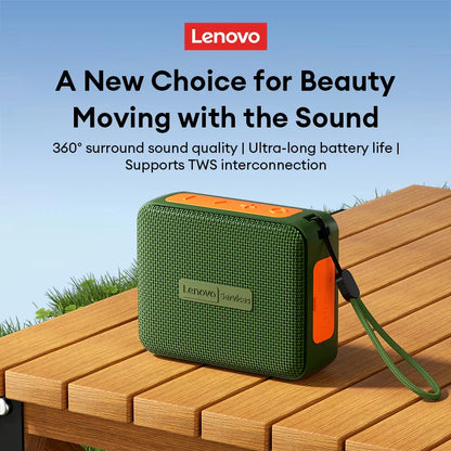 Green and orange lenovo hd108 wireless bluetooth speaker with textured fabric offers 360° surround sound and wireless tf card playback music player