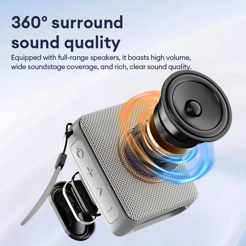 Lenovo hd108 silver mesh-textured wireless bluetooth speaker with black driver and control buttons 360° surround sound playback music player