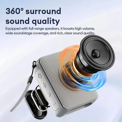 Lenovo hd108 silver mesh-textured wireless bluetooth speaker with black driver and control buttons 360° surround sound playback music player