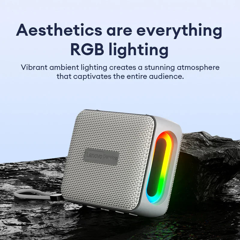 White textured lenovo hd108 wireless speaker with rgb lighting ring 360° surround sound and wireless tf card playback music player