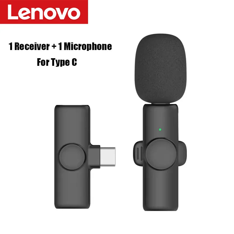 Black lenovo professional wireless lavalier microphone recording set with type c receiver for interview and gaming use