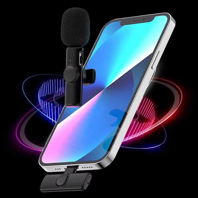 Black professional wireless lavalier microphone with foam windscreen for smartphone recording interview and business use