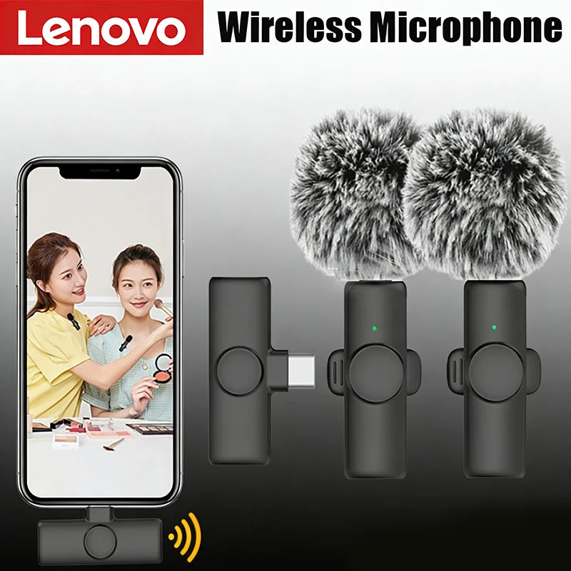 Black lenovo professional wireless lavalier microphone with fuzzy gray windscreen and usb-c connector for interview recording