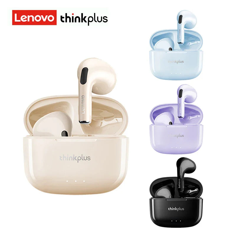 Beige lenovo thinkplus wireless earbuds with matching case available in light blue and lavender for sports music earbuds tws hifi