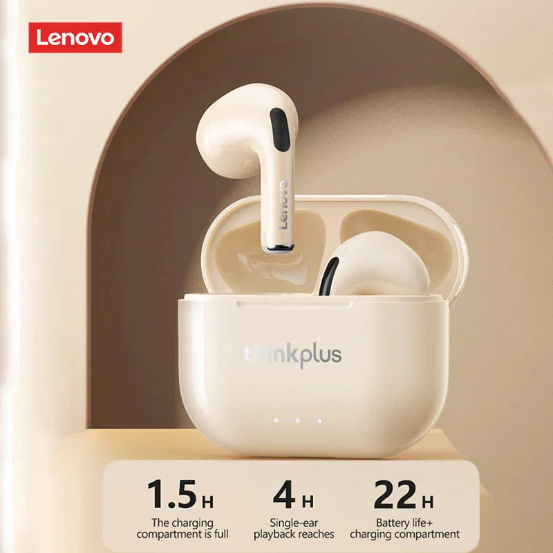 Cream-colored lenovo thinkplus wireless earphones tws hifi in matte charging case ideal for stereo headset gaming and sports music