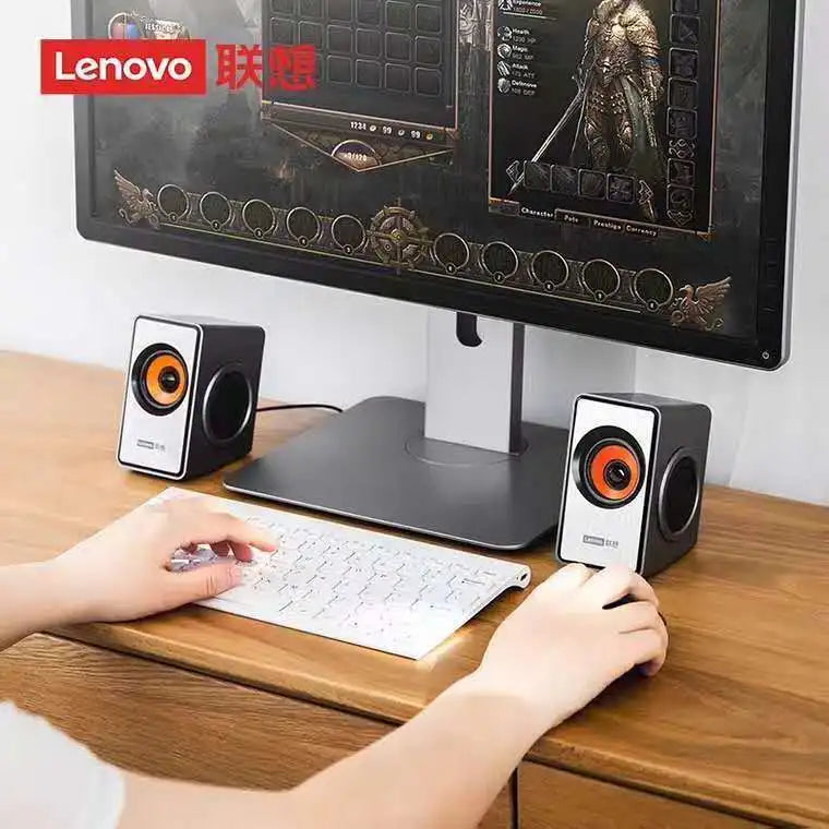 Black and white Lenovo M550 desktop speakers with orange drivers featuring subwoofer power amplifier and audio usb external connectivity
