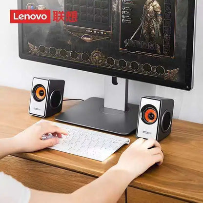 Black and white Lenovo M550 desktop speakers with orange drivers featuring subwoofer power amplifier and audio usb external connectivity