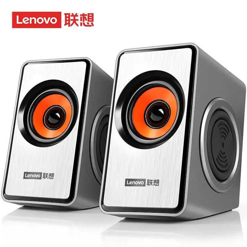 Silver-finished lenovo m550 desktop speakers with orange cones and black accents featuring subwoofer power amplifier and audio usb external connectivity