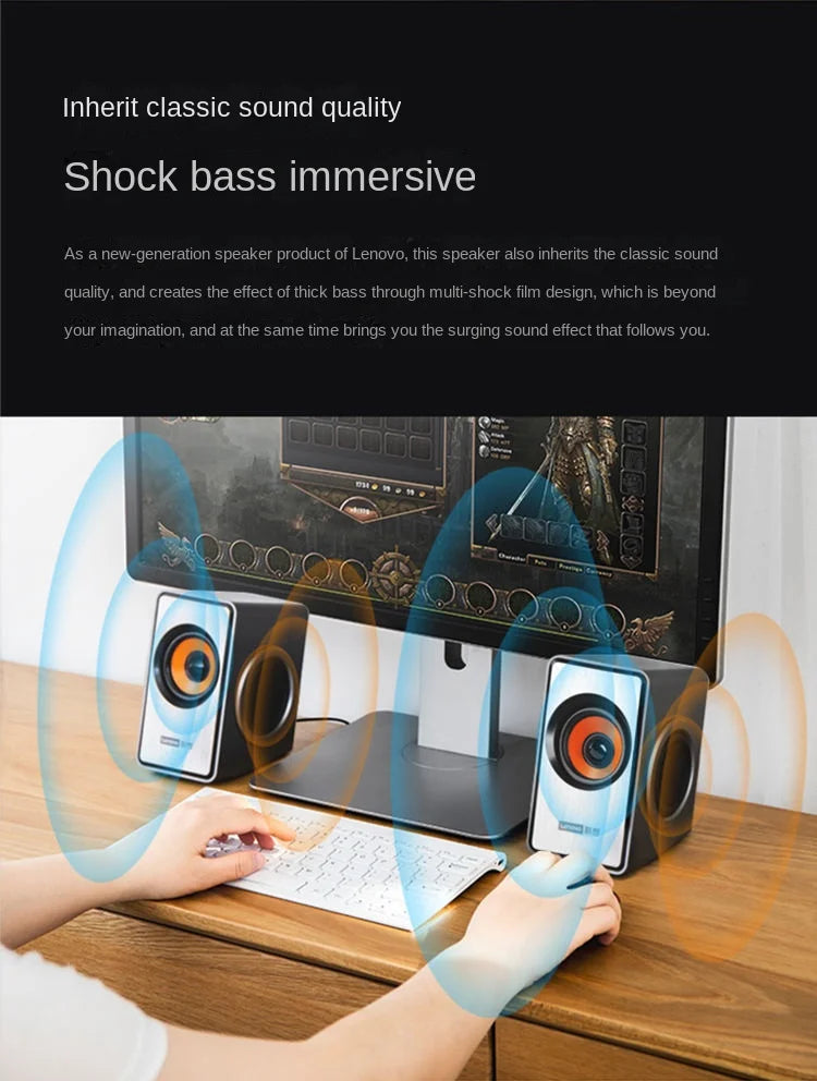 A sleek black and white Lenovo M550 subwoofer power amplifier with orange driver for immersive computer audio USB external use