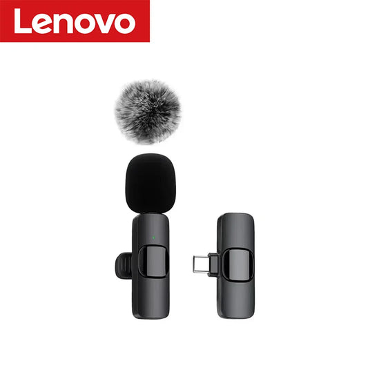 Black Lenovo portable wireless lavalier microphone with detachable furry windscreen and usb-c clip for live broadcast gaming audio video recording
