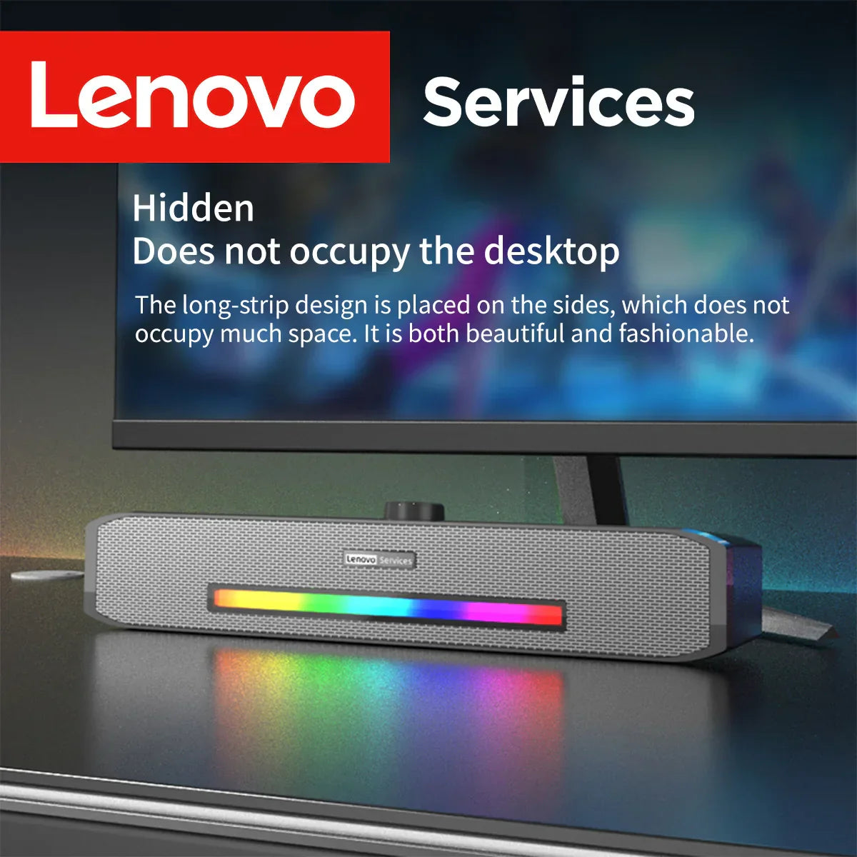Gray textured lenovo original computer speakers deep bass soundbar with vibrant rainbow led light and wired bluetooth music player