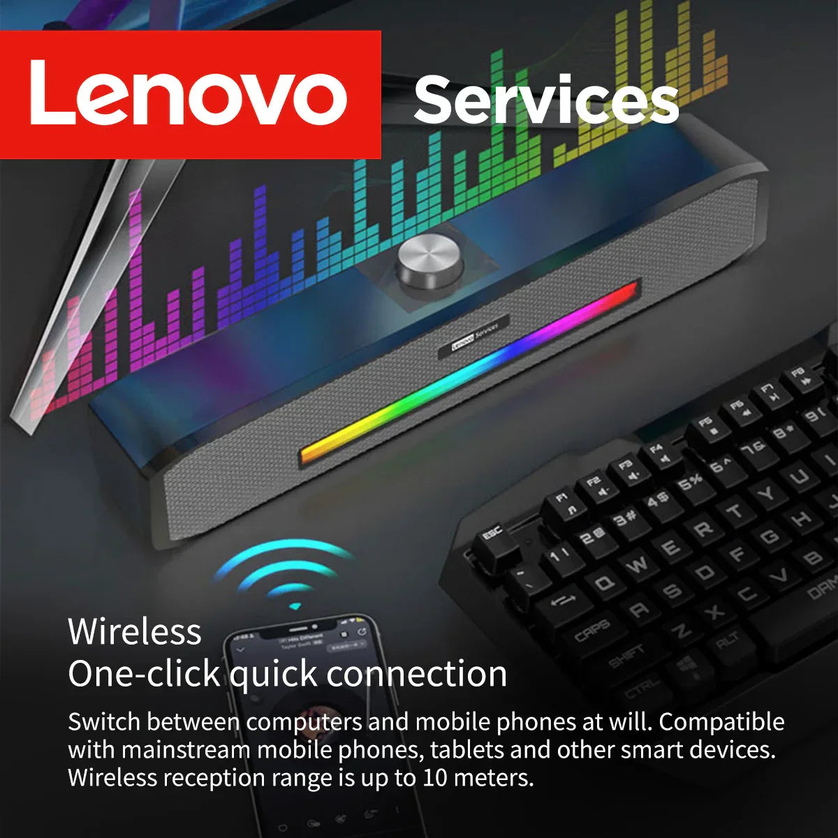 Lenovo original computer speakers deep bass with sleek black textured body rainbow led strip and silver control knob