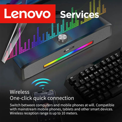 Lenovo original computer speakers deep bass with sleek black textured body rainbow led strip and silver control knob
