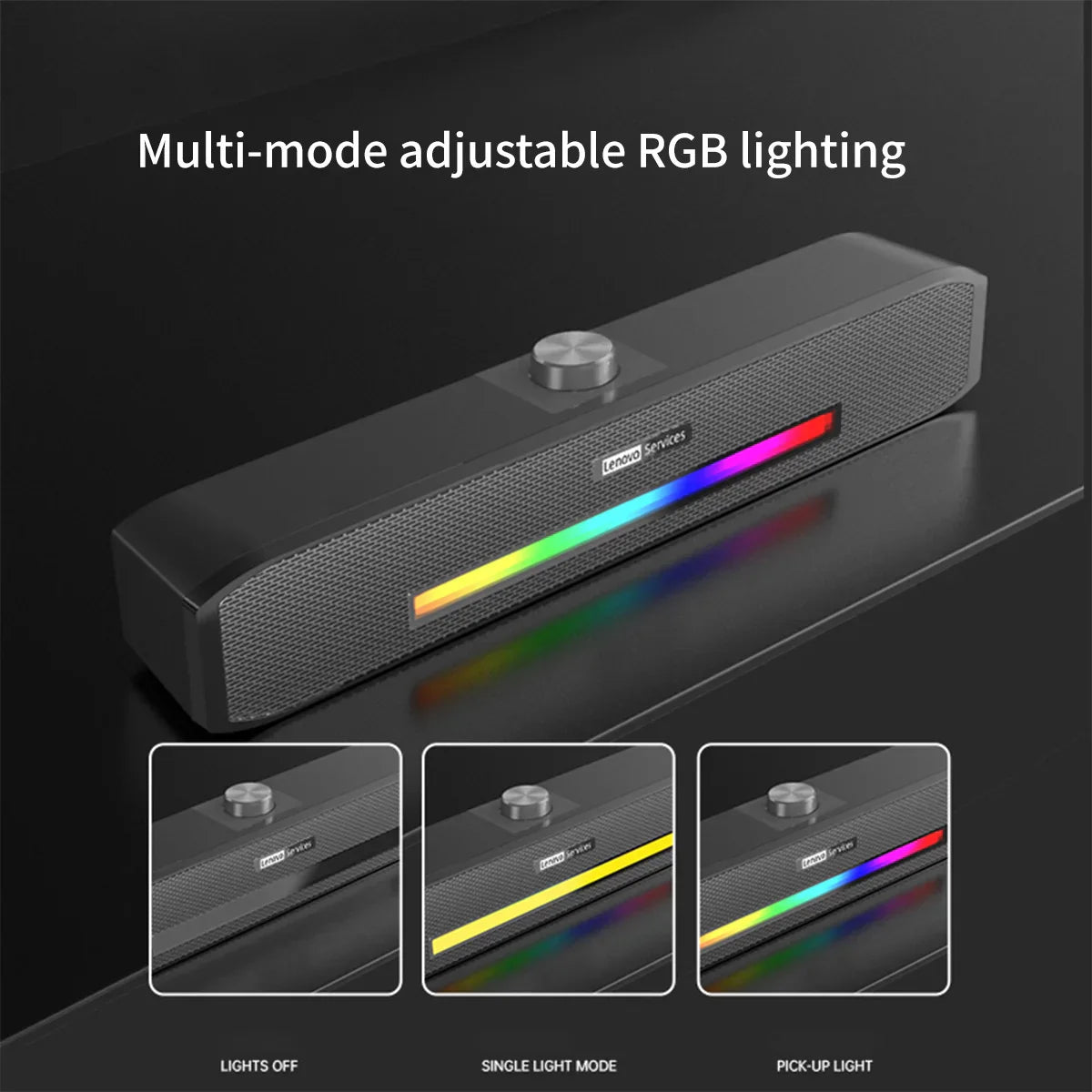Black lenovo original computer speakers deep bass soundbar with multi-mode rgb lighting and silver control knob