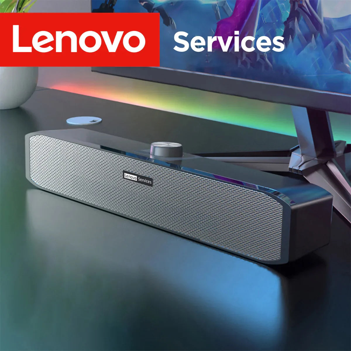 Silver lenovo original computer speakers deep bass soundbar with textured grille and wired bluetooth music player features