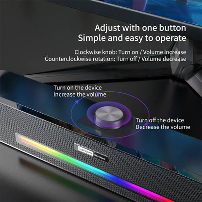 Silver circular knob with brushed metal finish on black speaker grille with rgb led light strip lenovo original computer speakers deep bass music player wired bluetooth