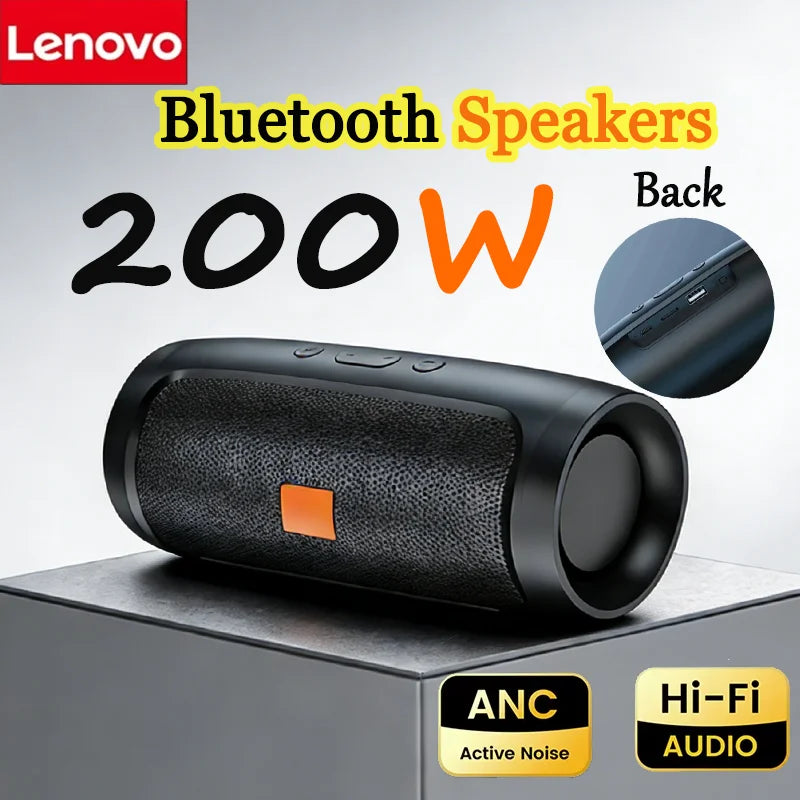 Black lenovo portable subwoofer with textured surface and orange accent 200w speakers stereo waterproof surround loudspeaker wireless
