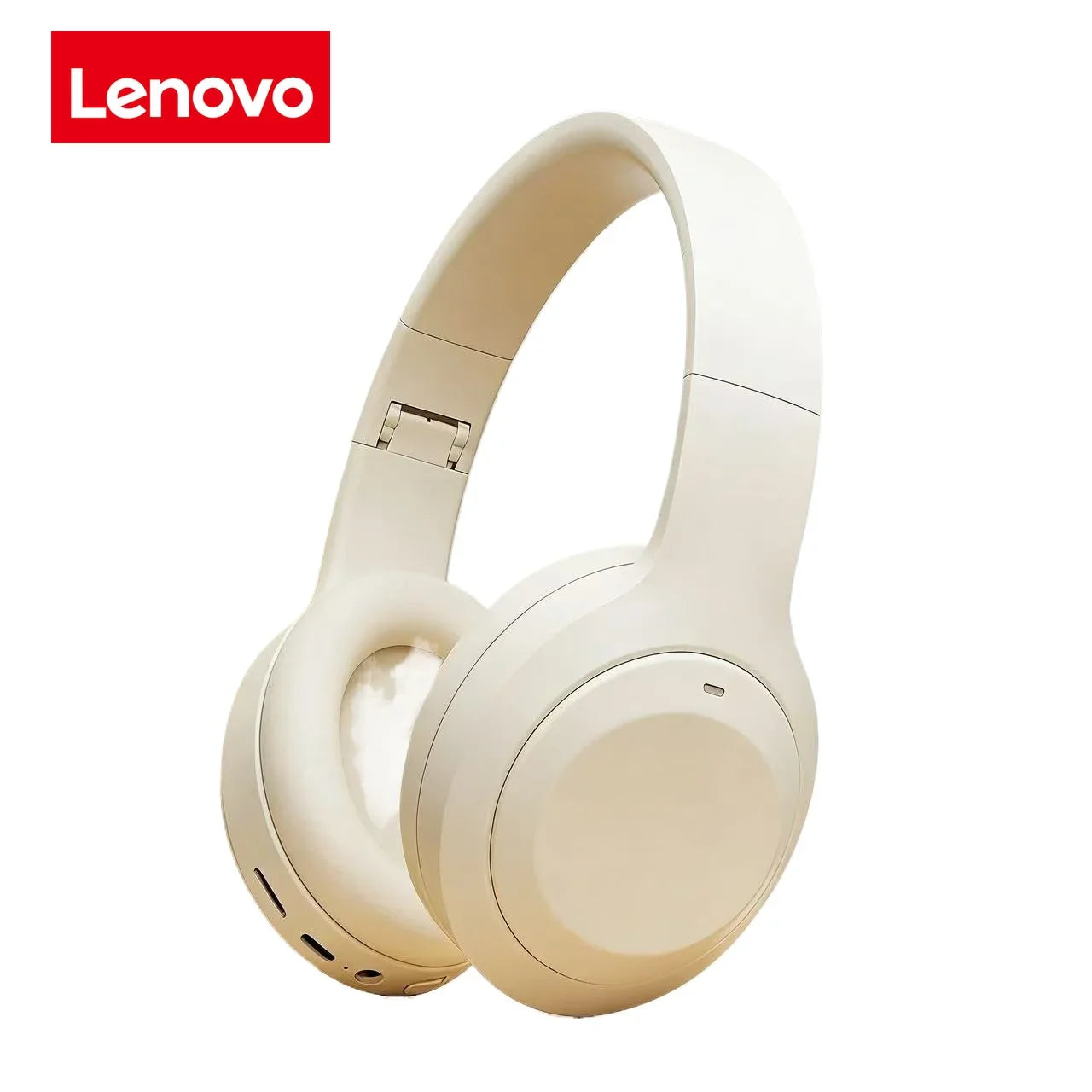 Cream-colored lenovo surround sound wireless over-ear headphones with foldable design and noise reduction sports features