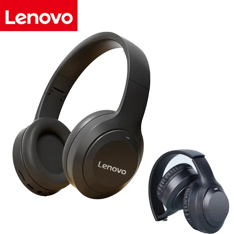 Black lenovo surround sound over ear wireless headphones with noise reduction sports foldable design and soft earcups